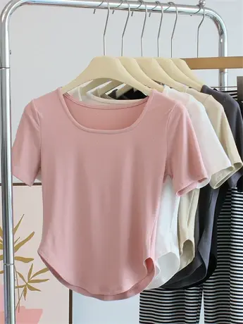 设计感~方领短款莫代尔t恤女夏短袖修身运动上衣瑜伽舞蹈服演出服商品大图