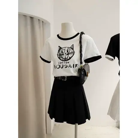 美式复古辣妹圆领短袖t恤女内搭紧身纯欲风别致短款打底衫上衣商品大图