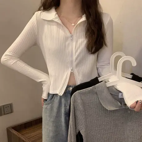 Polo领长袖t恤女春秋韩版修身高腰露脐短款开衫双拉链设计感上衣商品大图