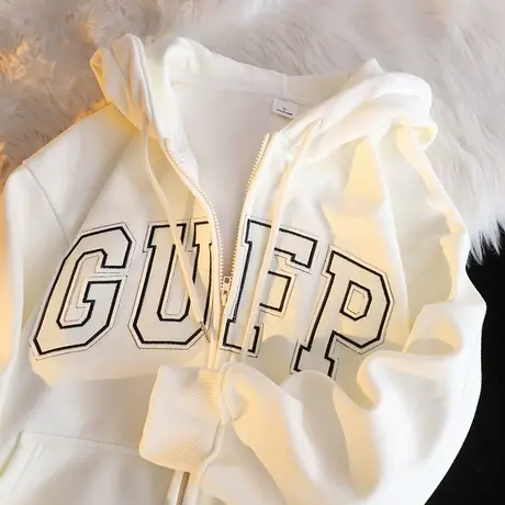 美式复古银狐绒连帽卫衣女秋冬加绒加厚设计感宽松大码开衫外套潮图片