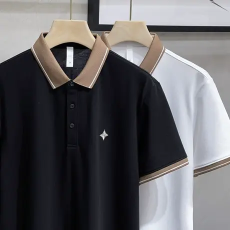 polo衫男士短袖t恤夏季新款撞色拼接休闲潮流商务含蚕丝翻领体恤商品大图