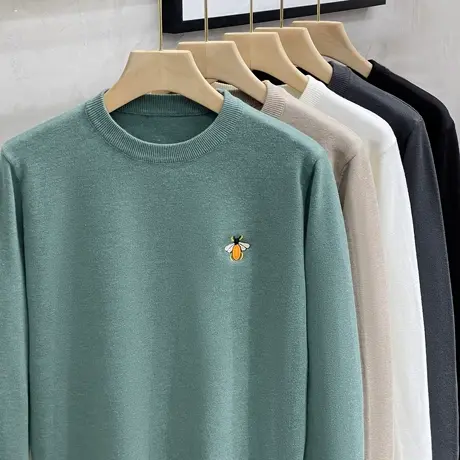 秋冬季仿羊绒蜜蜂刺绣圆领毛衣男士百搭内搭针织衫韩版套头打底衫商品大图