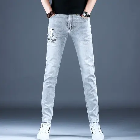2023新款男士牛仔裤子时尚烫钻印花精致棉弹小脚裤百搭美式潮牌男商品大图