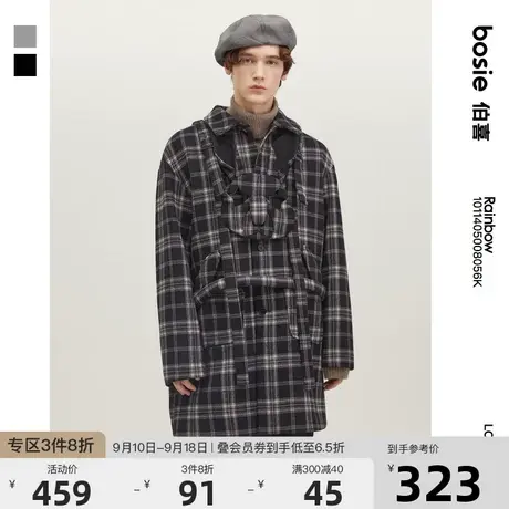 bosie2023年秋冬翻领毛呢大衣时尚条纹撞色情侣长款外套上衣男女商品大图