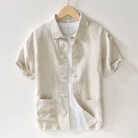 萨法瑞亚麻短袖衬衫男夏季薄款透气文艺百搭宽松白色衬衣休闲外套图片