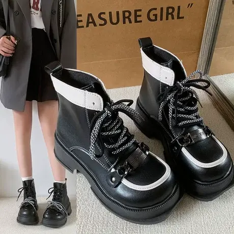 厚底马丁靴女靴子2023年新款春秋季单靴英伦风瘦瘦靴增高女鞋短靴图片