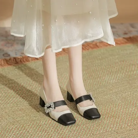 2023年夏季新款时尚单鞋拼接撞色水钻小众设计感高跟鞋玛丽珍女鞋图片