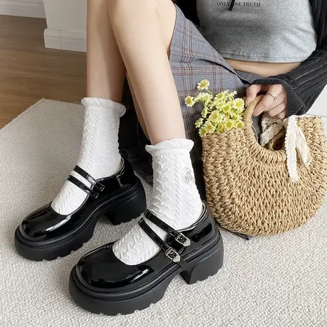 洛丽塔软妹复古厚底粗跟小皮鞋女2023秋季JK浅口圆头英伦风乐福鞋图片