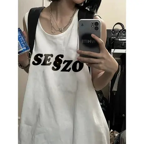 美式复古纯棉吊带运动坎肩背心无袖t恤女夏季外穿篮球服宽松上衣商品大图