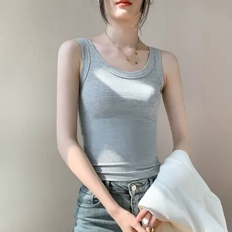 粉色吊带背心女2023春夏新款u领修身显瘦螺纹针织打底衫内搭上衣商品大图