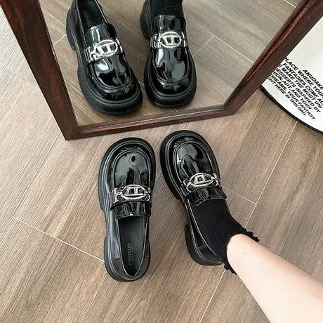 英伦小皮鞋女024新款春秋粗跟懒人黑色一脚蹬漆皮舒适复古乐福鞋商品大图
