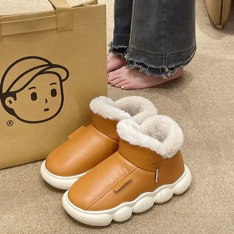 PU皮面防水棉拖鞋女冬季外穿室内加厚加绒保暖踩屎感厚底包跟棉鞋商品大图