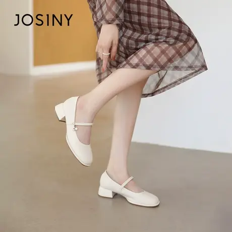 Josiny/卓诗尼粗跟单鞋2023秋季新款法式小香风珍珠一字带高跟鞋商品大图