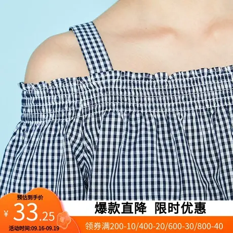 艾格夏天女装休闲时尚百搭甜美一字领格子直筒短袖T恤Z218商品大图