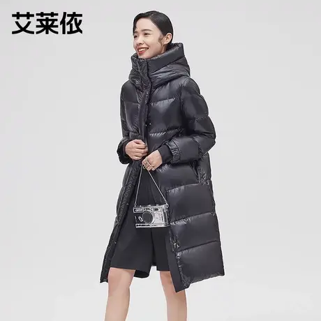 艾莱依 大鹅羽绒服女2021新款大牌长款过膝连帽亮面黑色鹅绒服冬商品大图