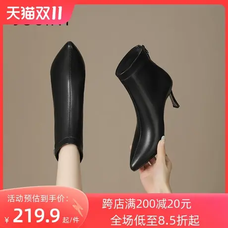 卓诗尼2023冬季新款尖头时装靴潮流舒适高跟女靴时尚后拉链短筒靴图片