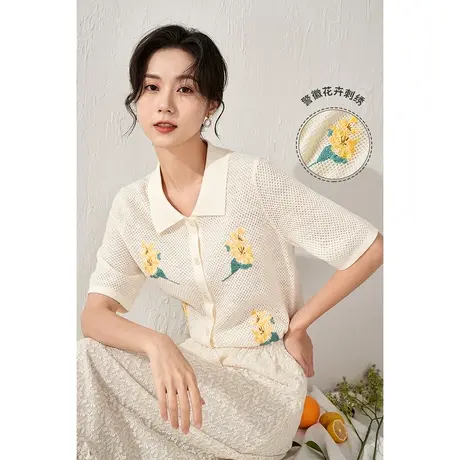 【商场同款】茵曼绣花网格针织开衫女士夏季新款宽松气质罩衫图片