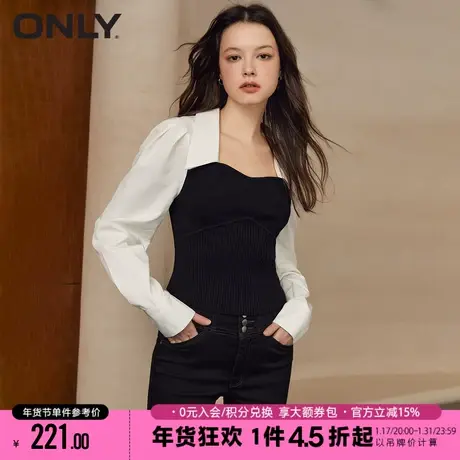 ONLY2023秋季新款休闲时尚方领拼接泡泡袖雪纺衫女|123151007商品大图