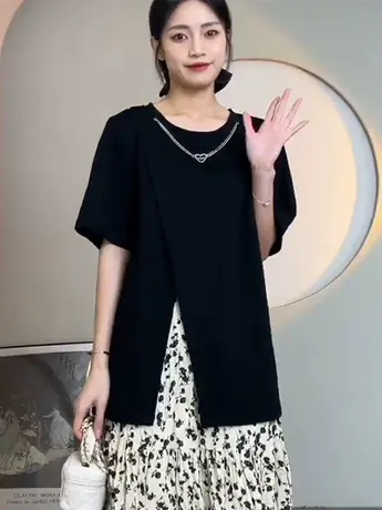 2023夏季新款圆领开叉设计短袖T恤衫女百搭纯色宽松显瘦洋气上衣商品大图