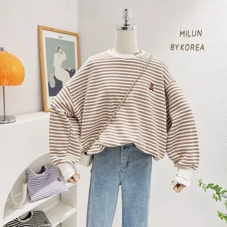 2022秋新款韩国东大门ins刺绣熊百搭慵懒风条纹长袖卫衣圆领宽松商品大图