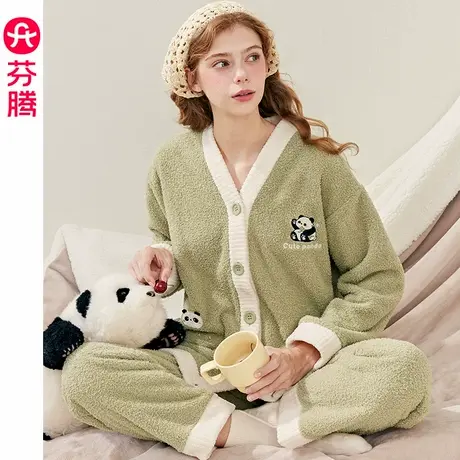 芬腾女士睡衣秋冬季半边绒套装女款加绒保暖珊瑚绒休闲大码家居服商品大图