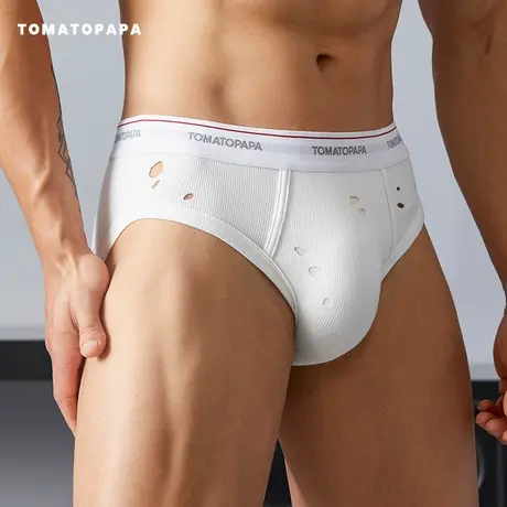 TOMATOPAPA男士内裤三角裤破洞定制烧花工艺高弹螺纹简约字母底裤商品大图