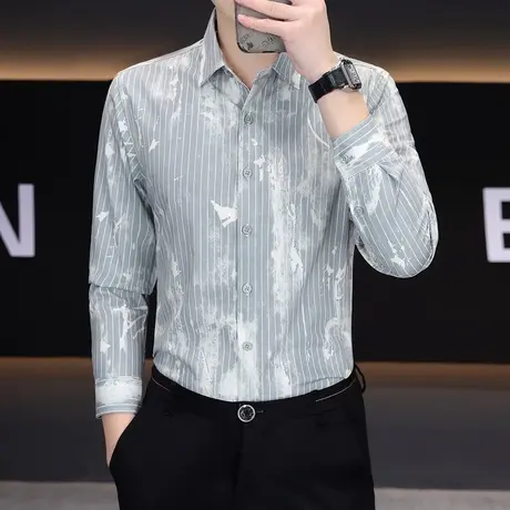 春秋新款长袖衬衫男士条纹休闲时尚印花高级感衬衣商务免烫寸衫商品大图