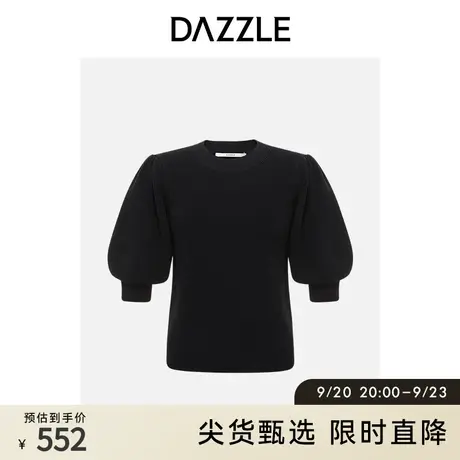 DAZZLE地素奥莱黑色简约高级感泡泡袖短款套头毛衣针织衫女图片