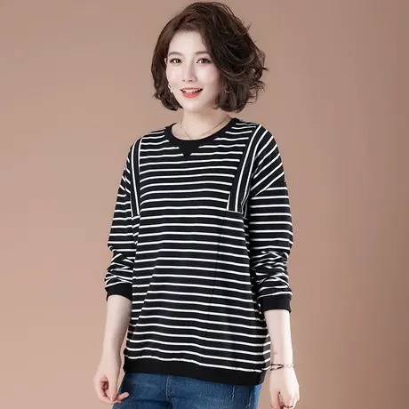 春季加肥加大码女装宽松妈妈遮肚打底衫条纹显瘦蝙蝠袖全棉T恤女商品大图