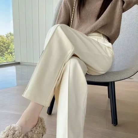 毛呢阔腿裤女秋冬2023新款高腰垂感宽松休闲九分小个子杏色直筒裤商品大图