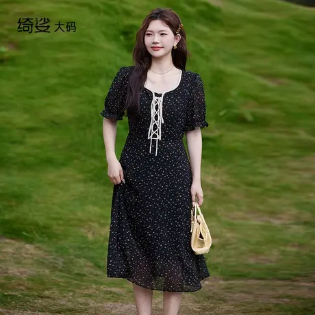 绮娑大码女装连衣裙夏新款雪纺碎花短袖A字收腰显瘦胖MM边衣裙商品大图