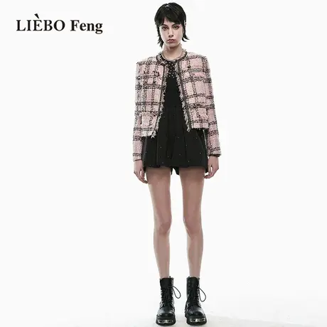 裂帛LIEBOFeng商场同款小香风编织粉色毛呢短大衣图片