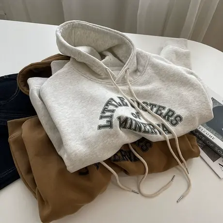 韩系字母印花加绒连帽卫衣女！秋冬宽松加厚复古咖色休闲套头上衣商品大图