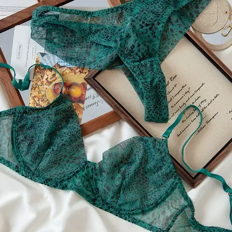 法式小众美人鱼绿豹纹薄款内衣性感蕾丝文胸浪漫图片