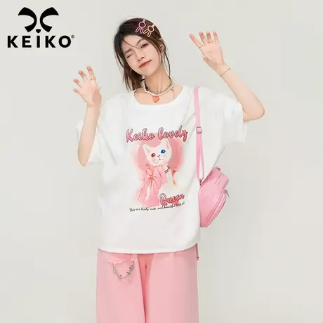 KEIKO 萌喵印花宽松白色t恤夏季新款多巴胺穿搭韩系减龄半袖上衣图片