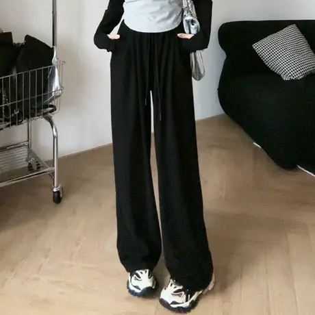 裤子休闲百搭宽松高腰阔腿裤女2023新款小个子黑色直筒裤女春秋商品大图