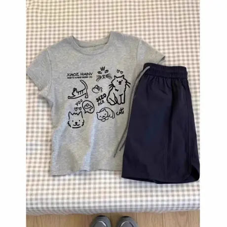 法式甜辣妹夏季灰色正肩圆领短袖t恤女设计感短款显瘦小个子上衣商品大图