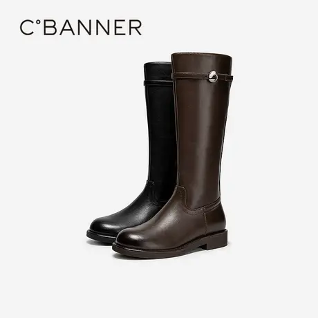 千百度中跟粗跟骑士靴女2025冬季新款加绒保暖高筒长靴时尚瘦瘦靴商品大图