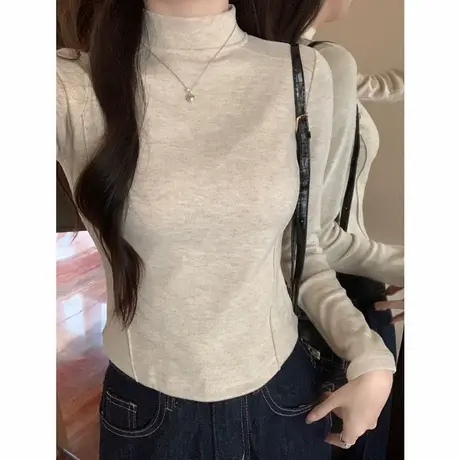 鱼骨半高领长袖T恤女秋冬季加绒磨毛保暖打底衫内搭修身短款上衣商品大图