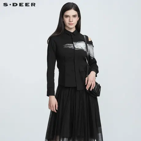 sdeer圣迪奥女装时尚翻领印花网纱挖肩衬衫独特设计上衣S21180530商品大图