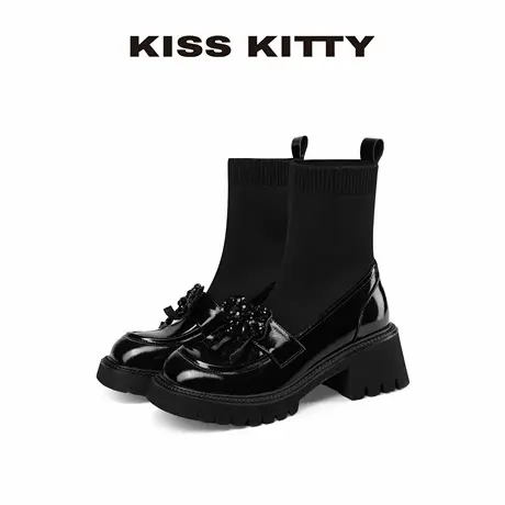 KISSKITTY乐福鞋短靴女2025新款爆款黑色厚底针织弹力瘦瘦袜子鞋商品大图
