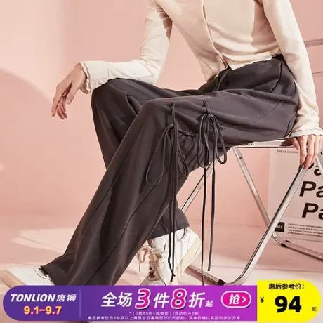 唐狮2025秋冬新款女休闲裤宽松直筒时尚绑带流行百搭阔腿灰色长裤商品大图