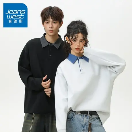 N5真维斯长袖T恤男2025新款秋季美式情侣宽松POLO衫男生春秋卫衣商品大图