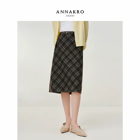 玖姿安娜蔻miu系学院风复古格纹A字中长半身裙女2025秋季新款图片