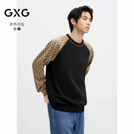 GXG男装2024年秋季品撞色拼接棋盘格刺绣时尚圆领卫衣男上衣图片