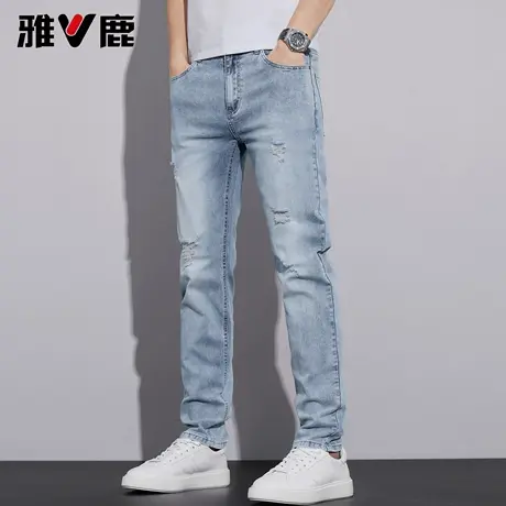 雅鹿2026春季新款水洗磨白破洞修身牛仔裤男青年港风潮牌时尚长裤图片