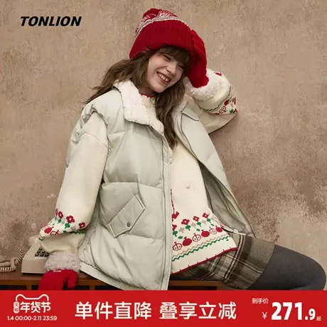 唐狮2026秋冬款羽绒服短款女设计感仿羊羔绒拼接短款马甲羽绒服图片