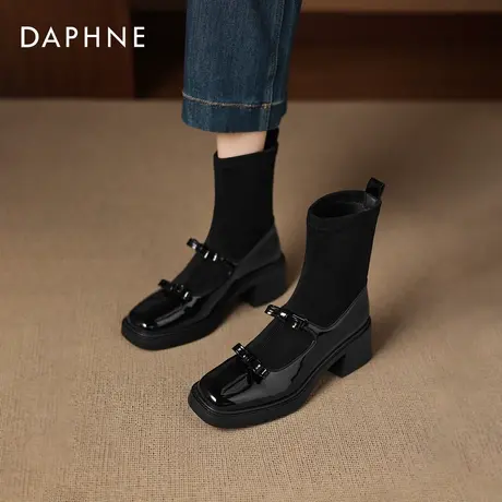 达芙妮黑色小皮鞋2025新款秋冬蝴蝶结粗跟加绒小短靴女显瘦马丁靴图片