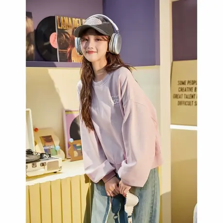 唐狮春秋新款圆领卫衣女针织蕾丝勾花短款卫衣甜美可爱外套TD图片