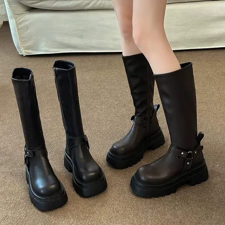 棕色靴子长筒靴女2023新款秋季女鞋复古小个子厚底瘦瘦高筒骑士靴图片